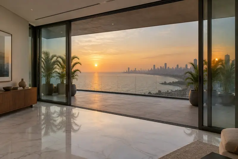 Floor-to-ceiling lift and slide doors opening onto a sea view at sunset