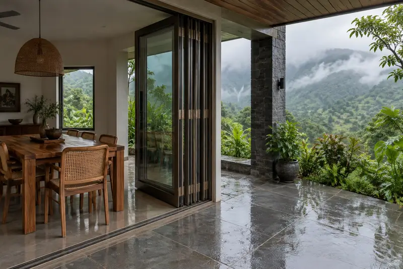 Folding doors opened onto a misty valley