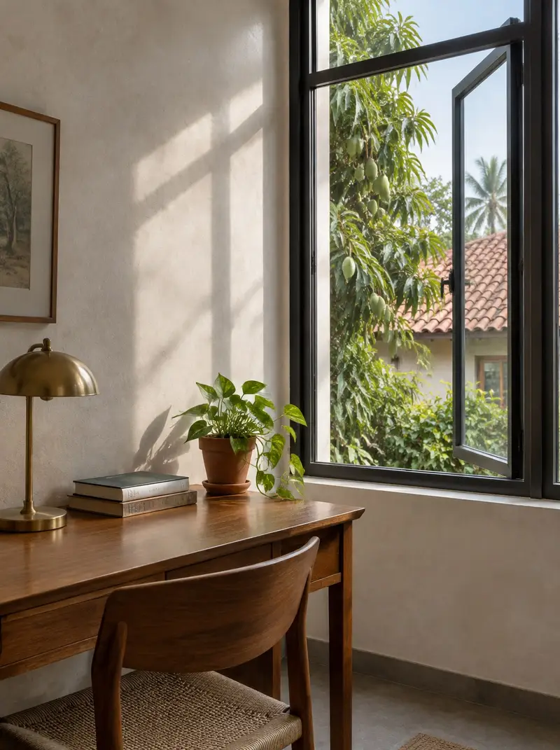 Study with an outward-opening casement window