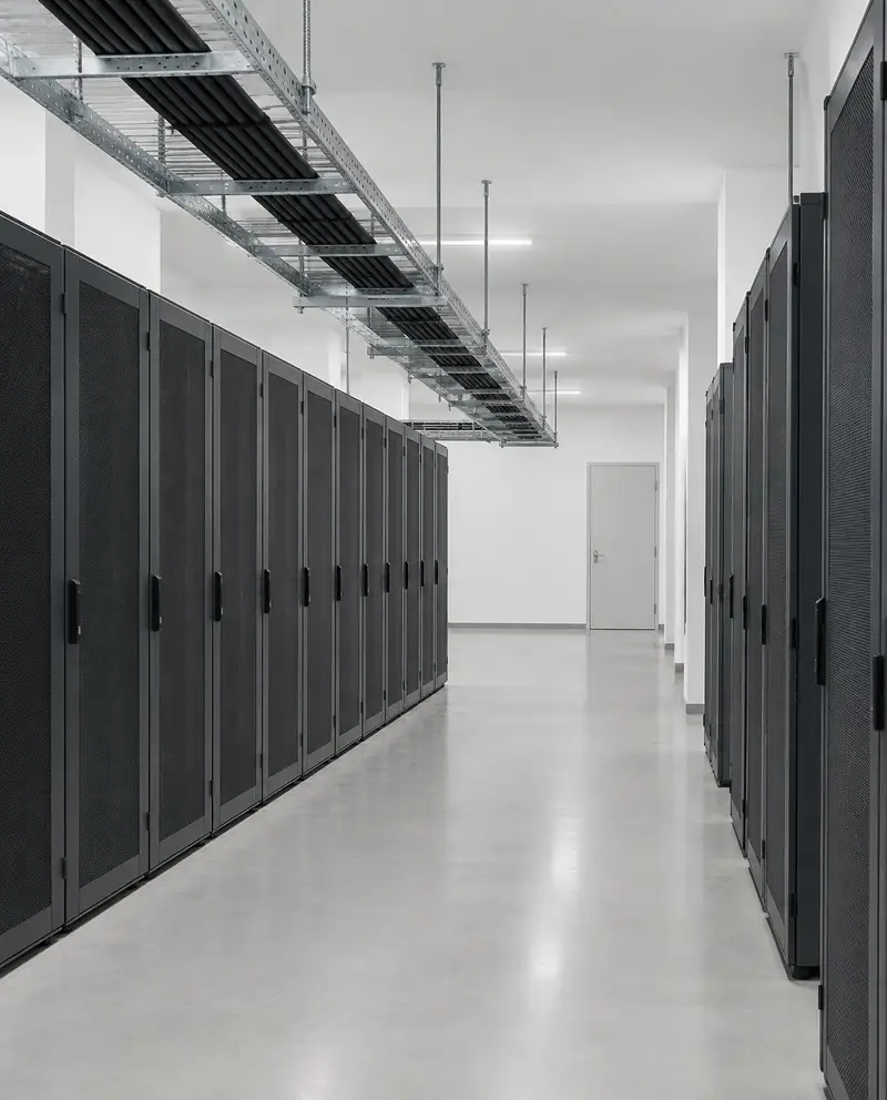 Data centre hall with overhead cable trays