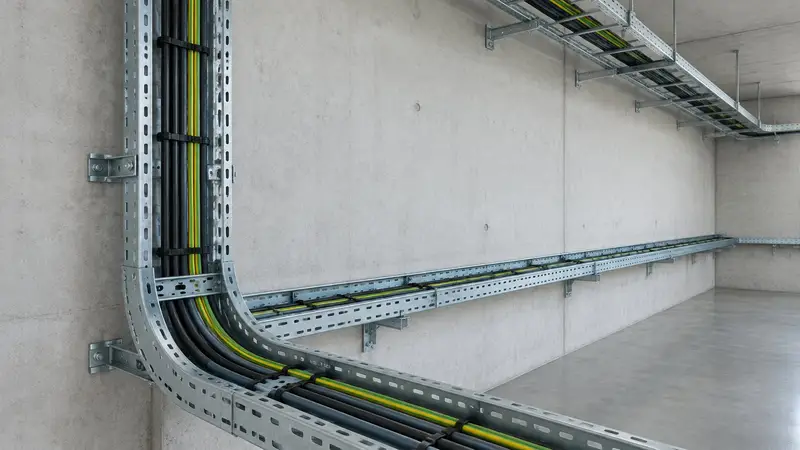 Cable trays installed along a concrete wall