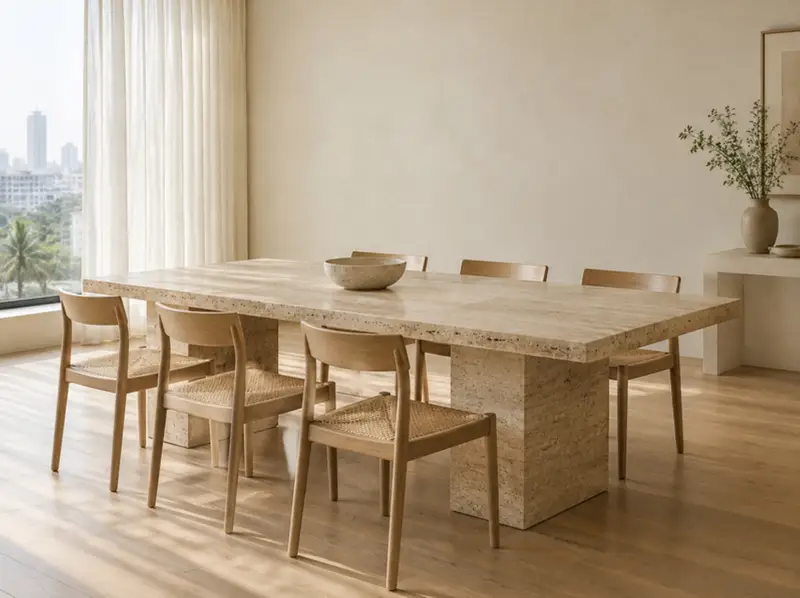 Travertine dining table in a sunlit room