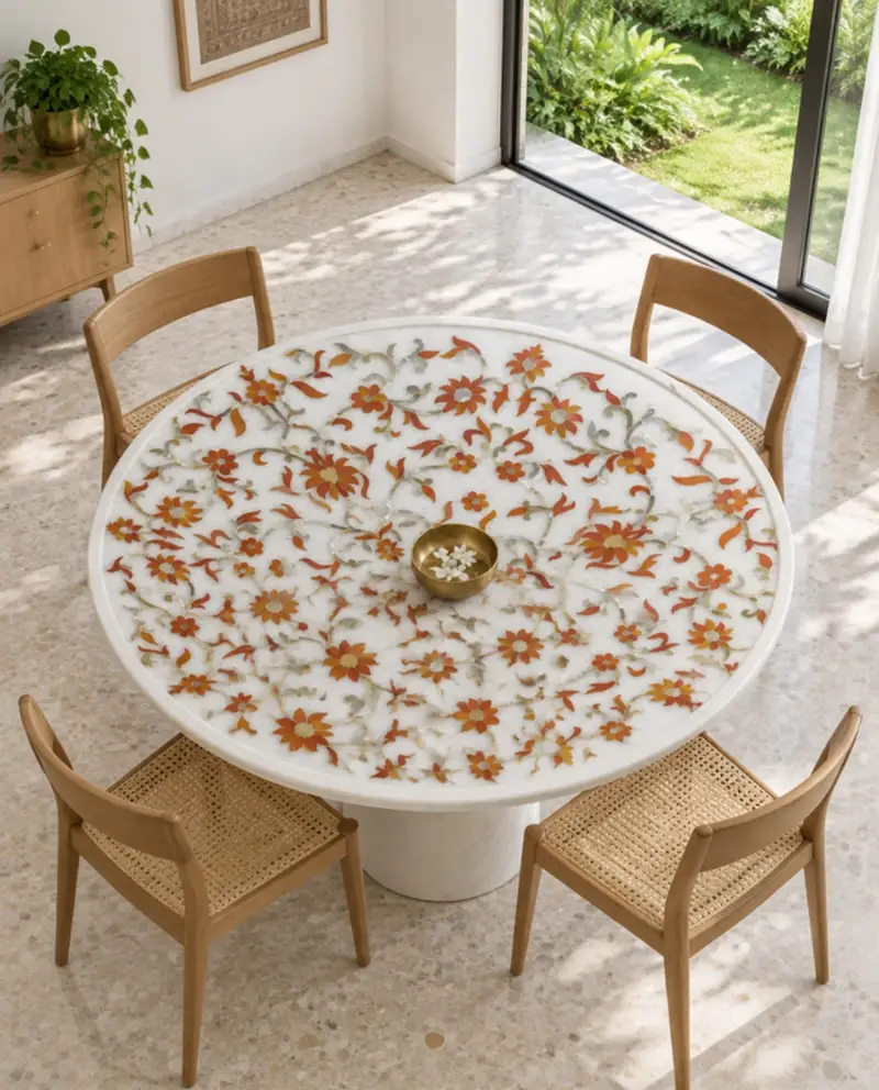 Round white marble table with floral inlay