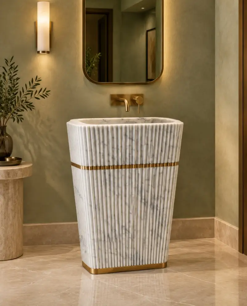Fluted marble pedestal basin