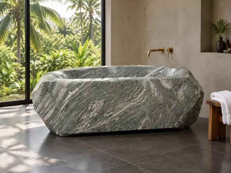 Freestanding faceted stone bathtub