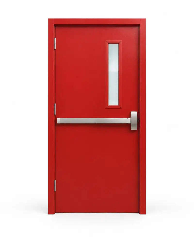 Red fire-rated steel door with panic bar