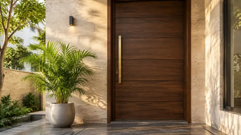 Wood-stained steel entrance door
