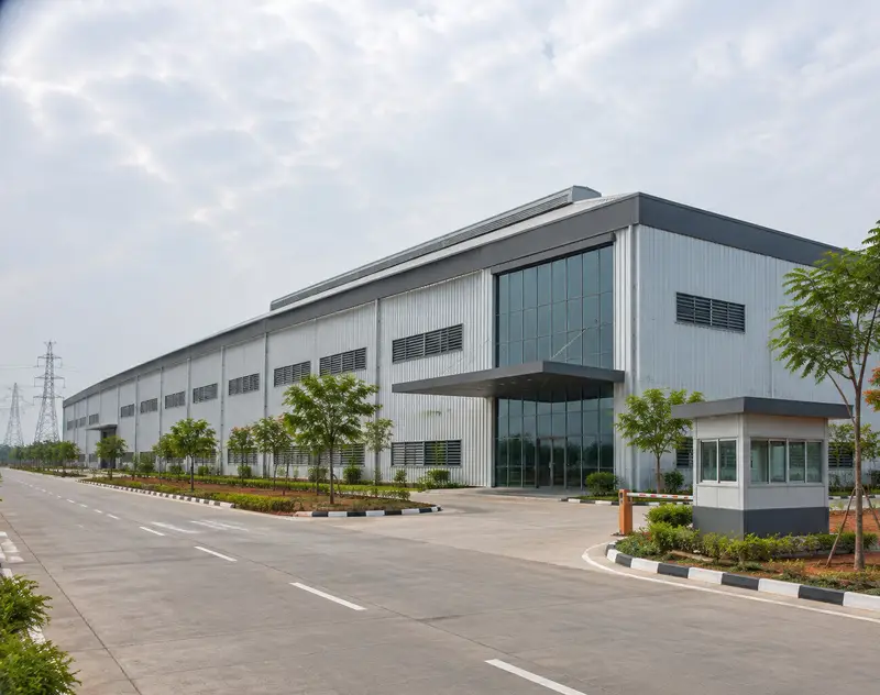 A finished pre-engineered factory building with glazed office block