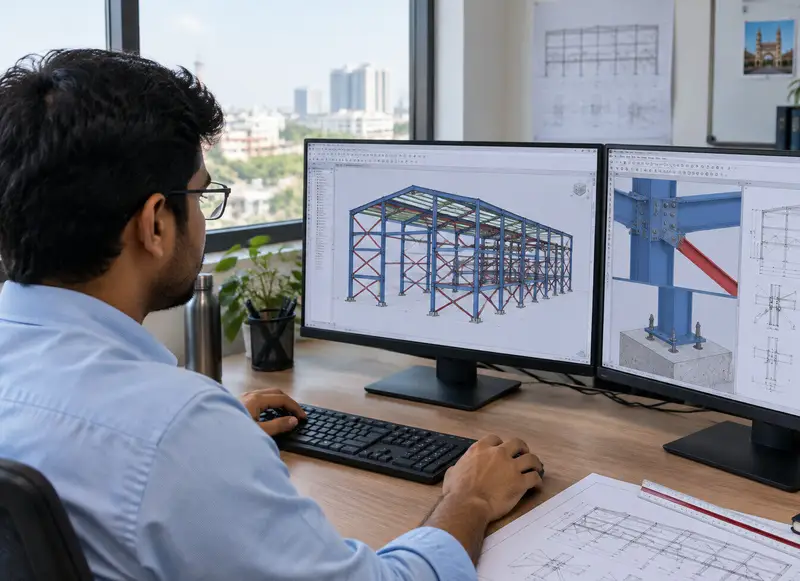 Engineer reviewing a 3D steel building model