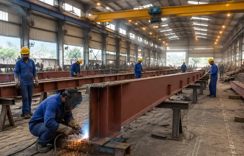 Fabrication shop floor with overhead cranes