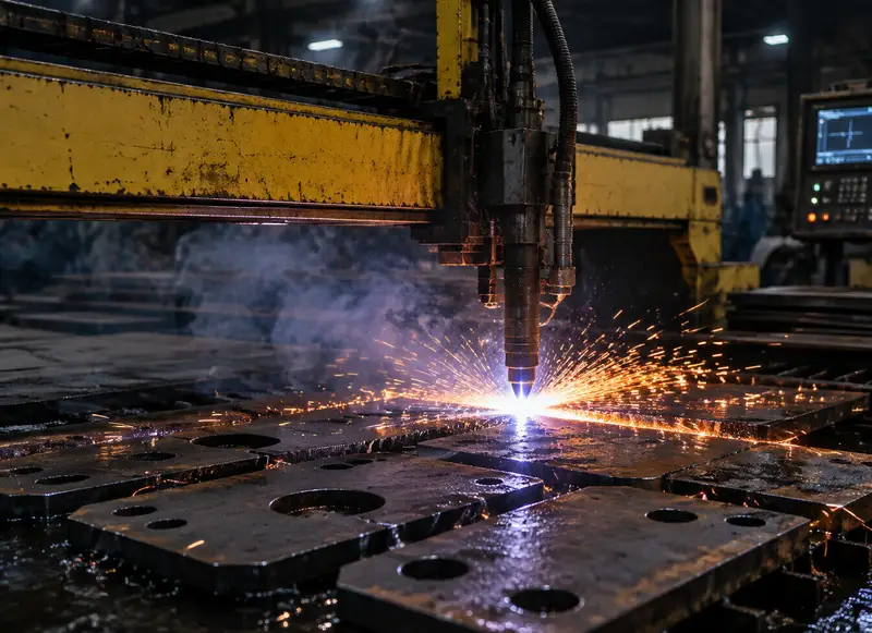 CNC plasma cutter cutting steel plate