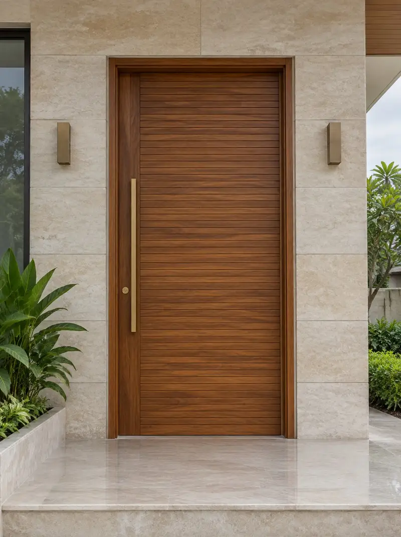 Tall teak pivot entrance door