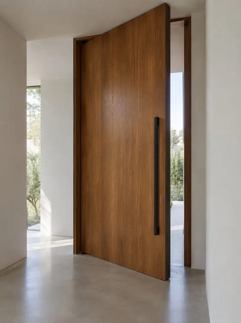 Oversized pivot door standing open