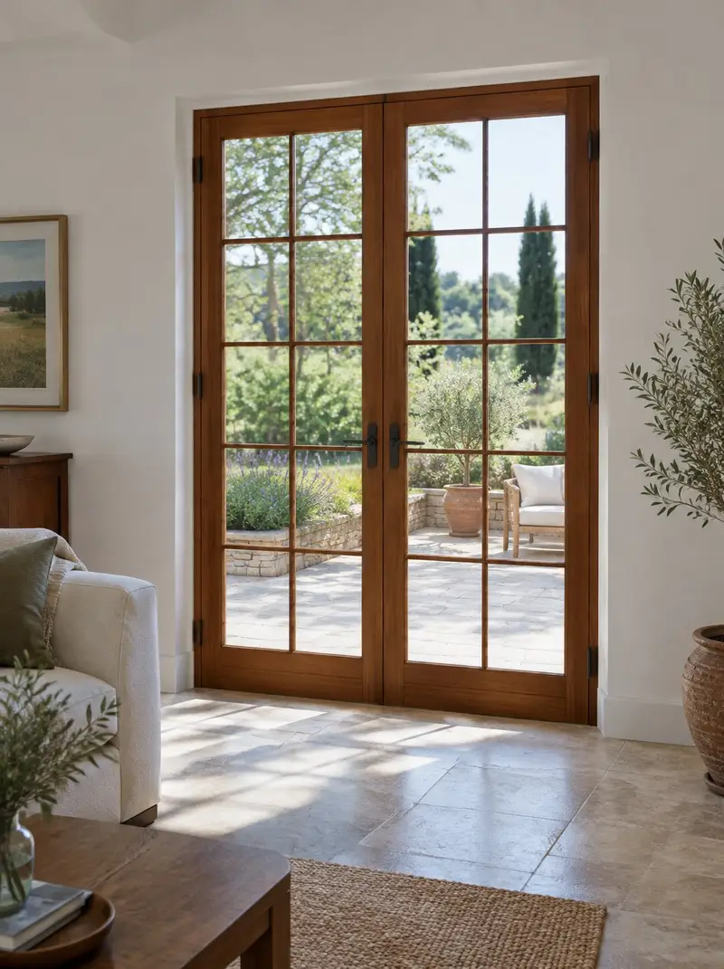 Glazed French doors in teak